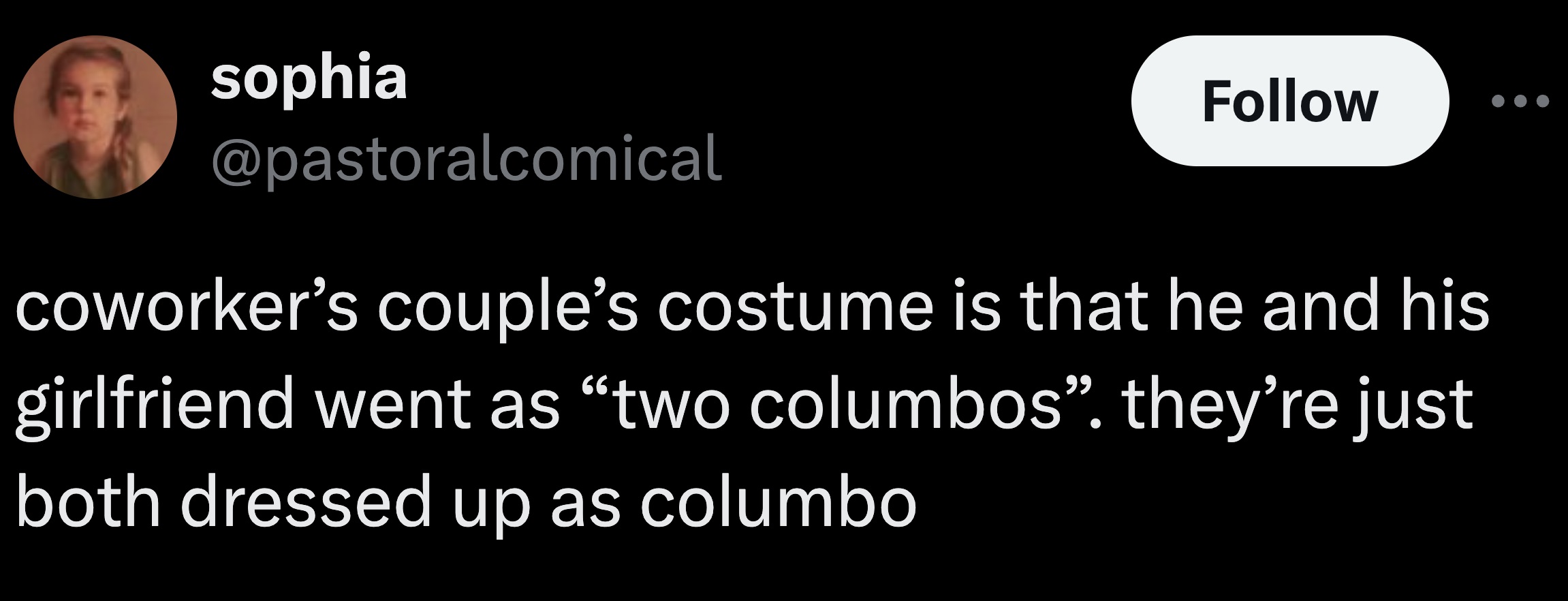 parallel - sophia coworker's couple's costume is that he and his girlfriend went as "two columbos". they're just both dressed up as columbo